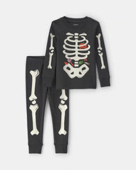 Toddler 2-Piece Halloween Glow in the Dark Skeleton 100% Cotton Snug Fit Pajama Set - Black