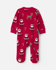 Baby Brown Santa Christmas 100% Cotton 2-Way Zip Sleep & Play Pajamas - Red