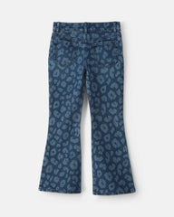 Girls Leopard Denim Flare Jeans - Dark Wash