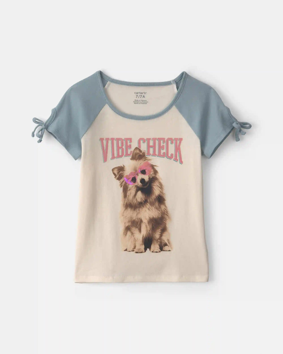 Girls 'Vibe Check' Dog Graphic Tee - Cream/Blue