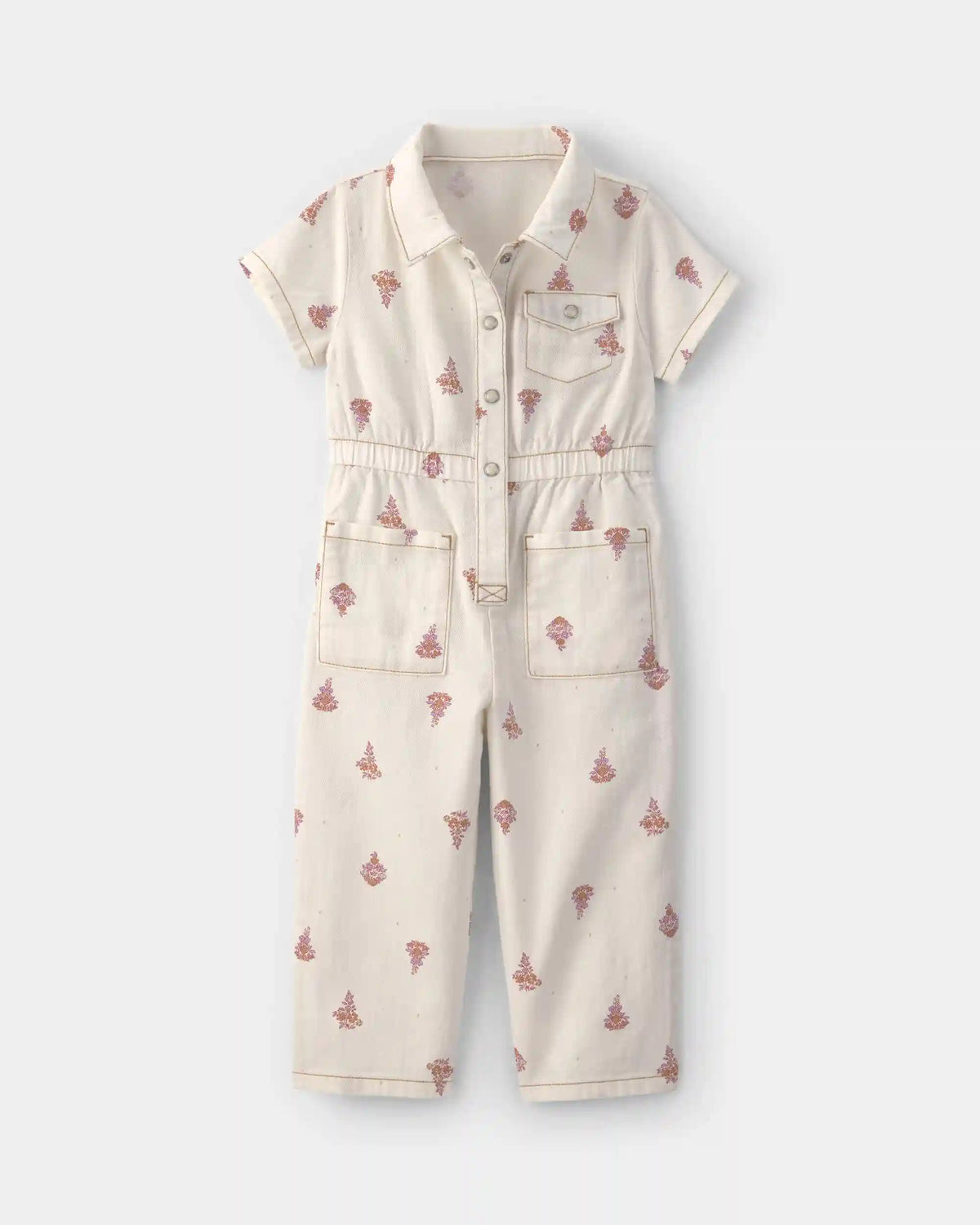 Toddler Girl Floral Short-Sleeve Twill Jumpsuit - Cream