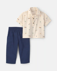 Baby Boy 2-Piece Chambray Short-Sleeve Top & Pant Set - Cream/Blue