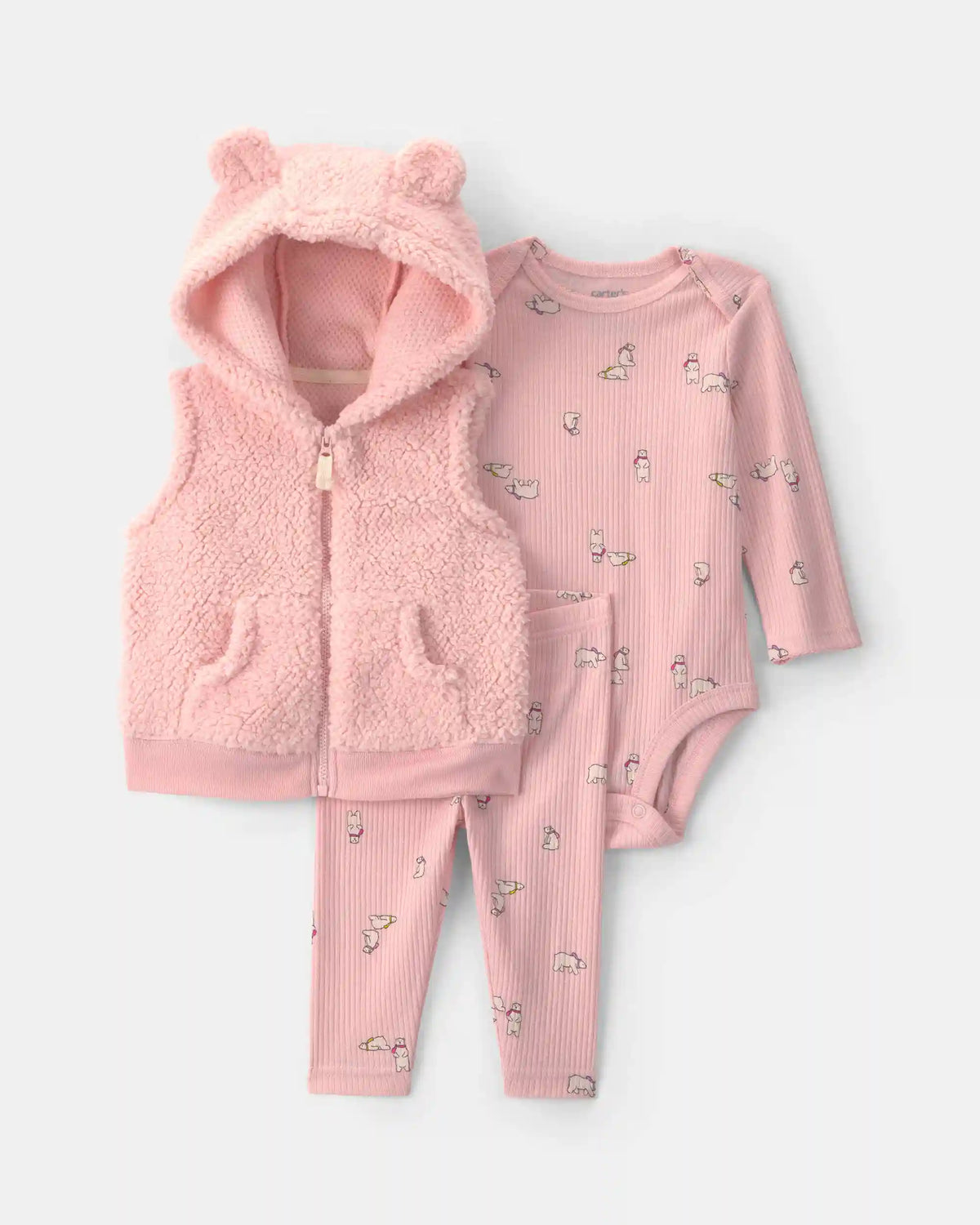 Baby Girl 3-Piece Bear Teddy Fleece Long-Sleeve Layering Set - Pink