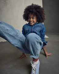 Girls Hickory Stripe Denim Barrel Jeans - Light Wash