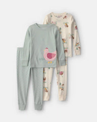 Baby Girl 4-Piece Country Chicken 100% Cotton Snug Fit Pajama Set - Blue/Cream