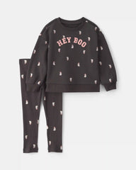 Baby Girl 'Hey Boo' Ghost French Terry Long-Sleeve Top & Pant Set - Black