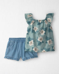 Toddler Girl 2-Piece Linen Top & Short Set Made with Organic Cotton in Blue Hibiscus