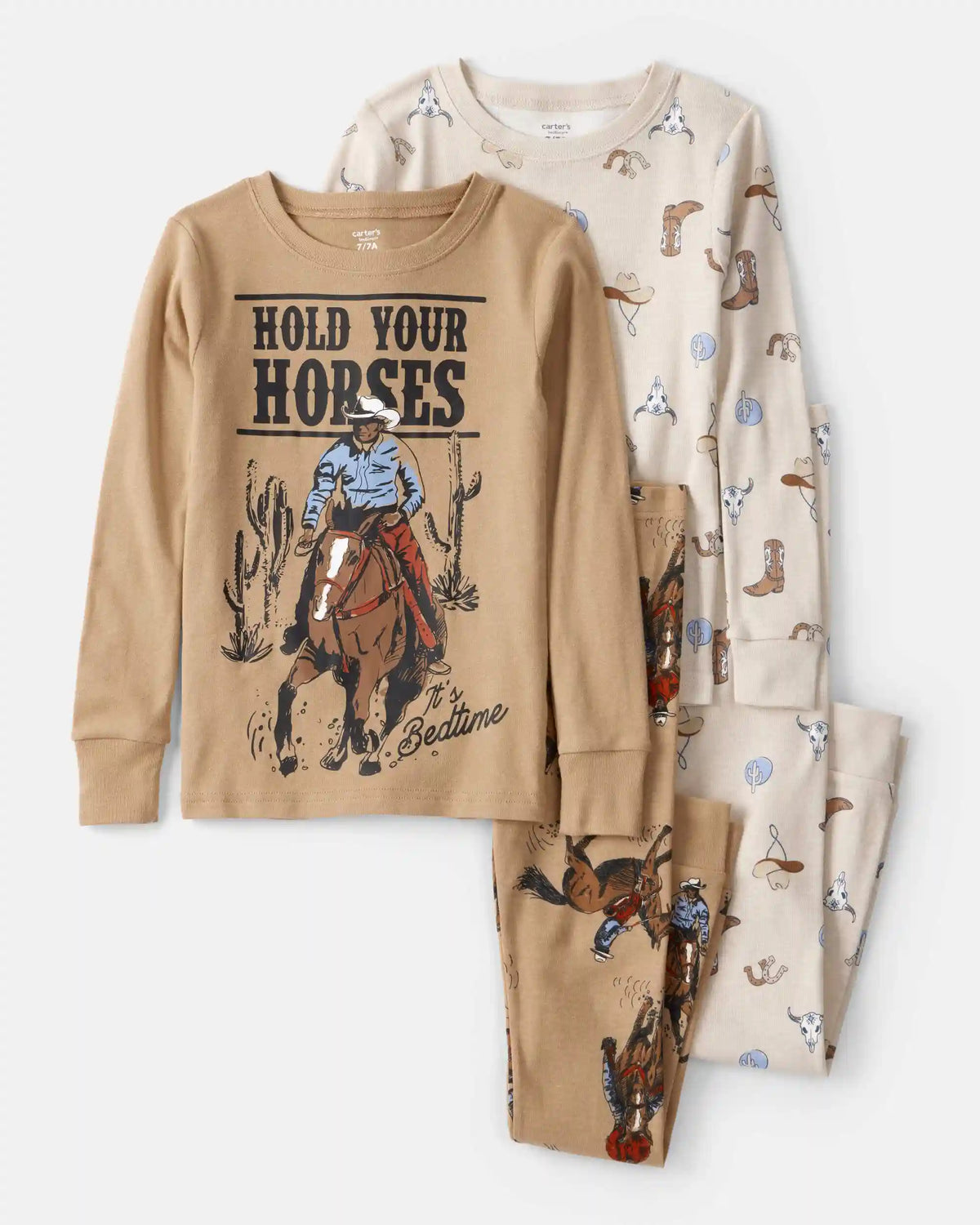 Boys Western Print 100% Cotton Long-Sleeve Snug Fit 4-Piece Pajamas - Brown