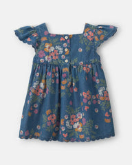 Baby Girl Floral Denim Short-Sleeve Dress - Dark Wash