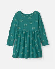 Girls Cat Long-Sleeve Dress - Green