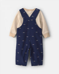 Baby Boy 2-Piece Car Corduroy Long-Sleeve Overall Set - Navy Blue/Cream