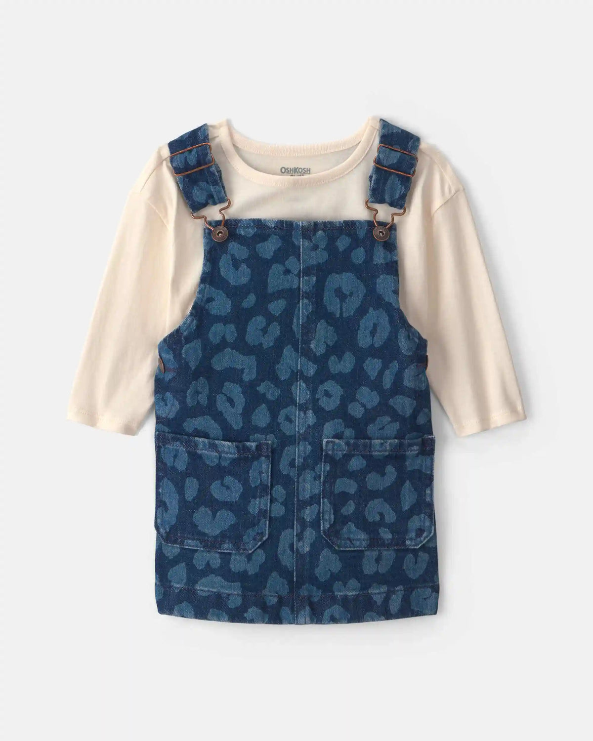 Baby Girl 2-Piece Leopard Denim Long-Sleeve Overall Set - Dark Wash