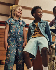 Girls Floral Denim Short-Sleeve Jumpsuit - Dark Wash