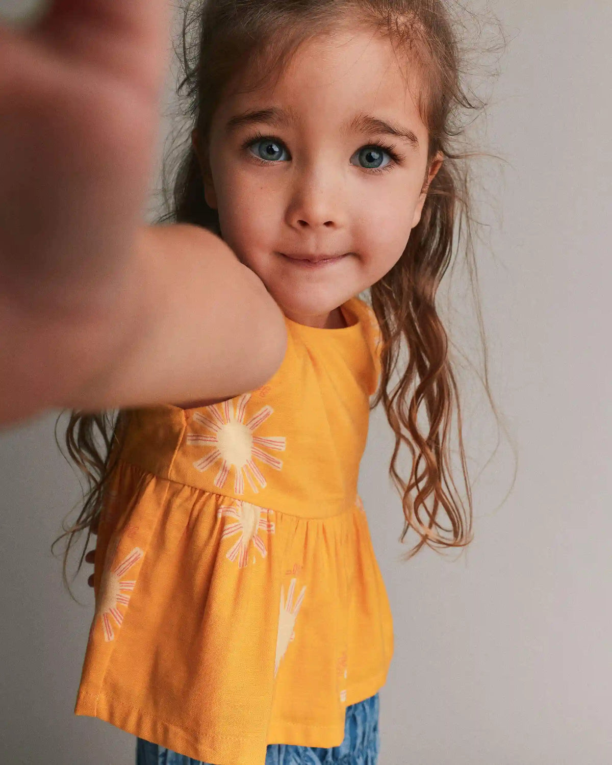 Toddler Girl Peplum Top in Sunny Life Print - Golden Yellow