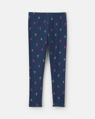 Girls Floral Pull-On Stretch Leggings - Navy Blue