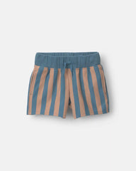Toddler Boy Long-Line Shorts in Stripes - Slate Blue/Brown