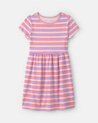 Girls Striped Short-Sleeve Dress - Pink