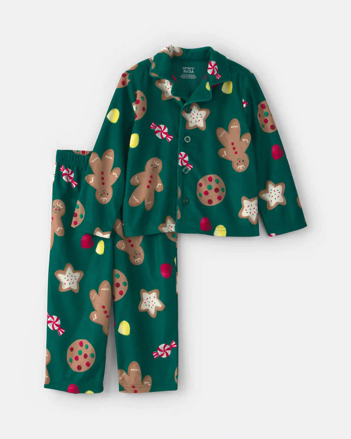 Toddler 2-Piece Christmas Gingerbread Fleece Loose Fit Pajama Set - Green