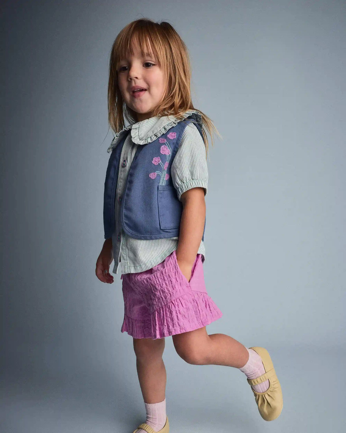 Toddler Girl Embroidered Cropped Vest with Otter Pockets - Slate Blue