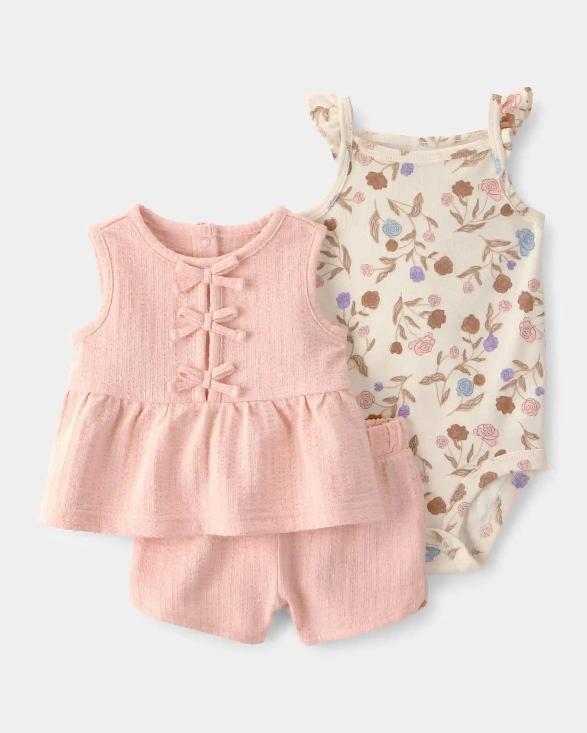 Baby Girl 3-Piece Floral Top, Bodysuit & Short Set - Pink/Cream