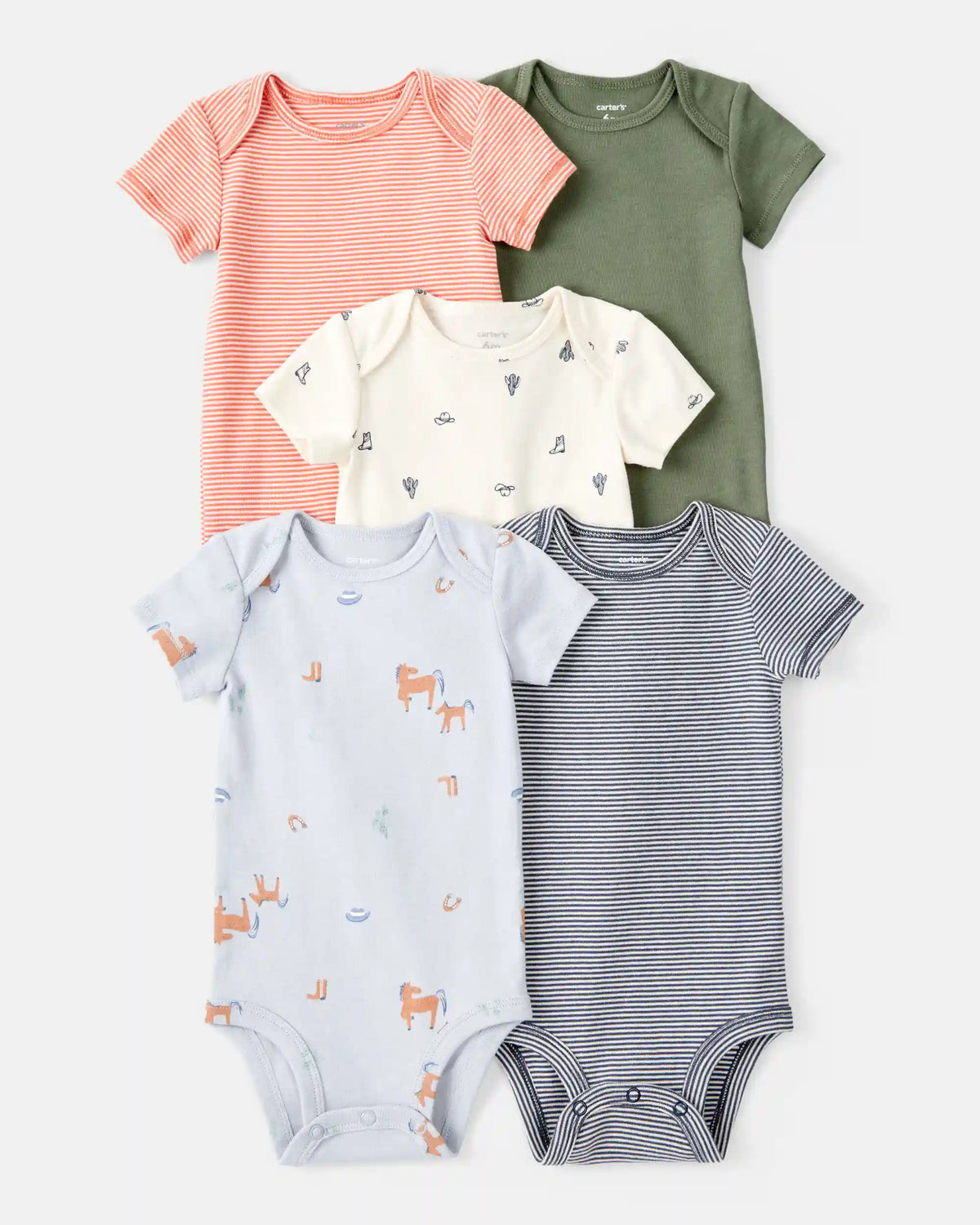 Baby Boy 5-Pack Cowboy Print Cotton Multipack Bodysuits - Blue/White/Orange/Green