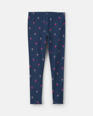 Girls Floral Pull-On Stretch Leggings - Navy Blue