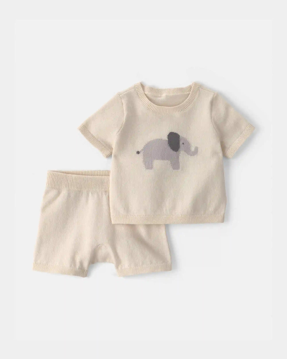 Baby 2-Piece Elephant Short-Sleeve Sweater Top & Short Set - Ivory