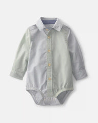 Baby Boy Poplin Long-Sleeve Button-Down Bodysuit - Blue/Green