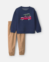 Toddler Boy 2-Piece Christmas Car Fleece Pullover & Pant Set - Navy Blue/Khaki