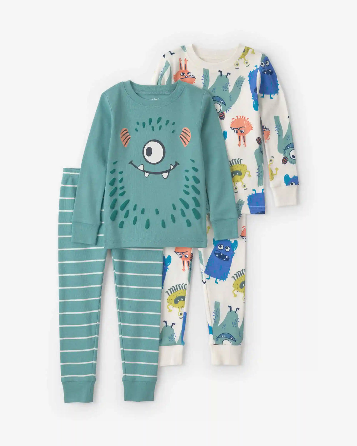 Baby Boy 4-Piece Monster 100% Cotton Snug Fit Pajama Set - Teal/Cream