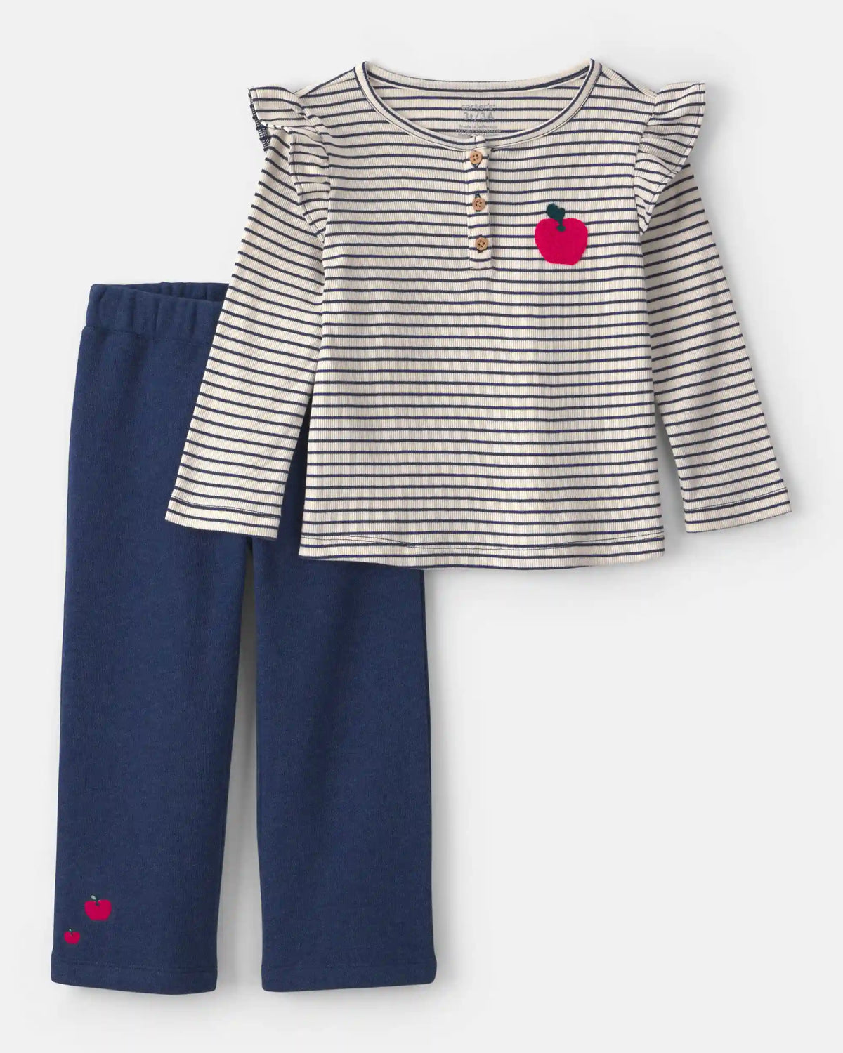 Toddler Girl 2-Piece Apple Striped Fleece Long-Sleeve Top & Pant Set - Navy Blue/Cream