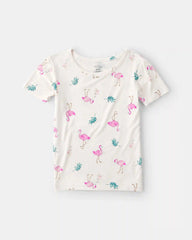 Girls Flamingo PurelySoft Short-Sleeve Snug Fit 2-Piece Pajama Set - Ivory