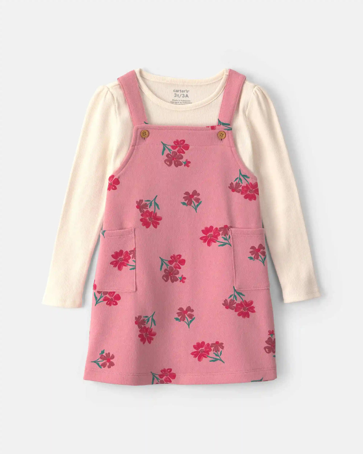 Baby Girl Floral French Terry Long-Sleeve Dress Set - Pink/Cream