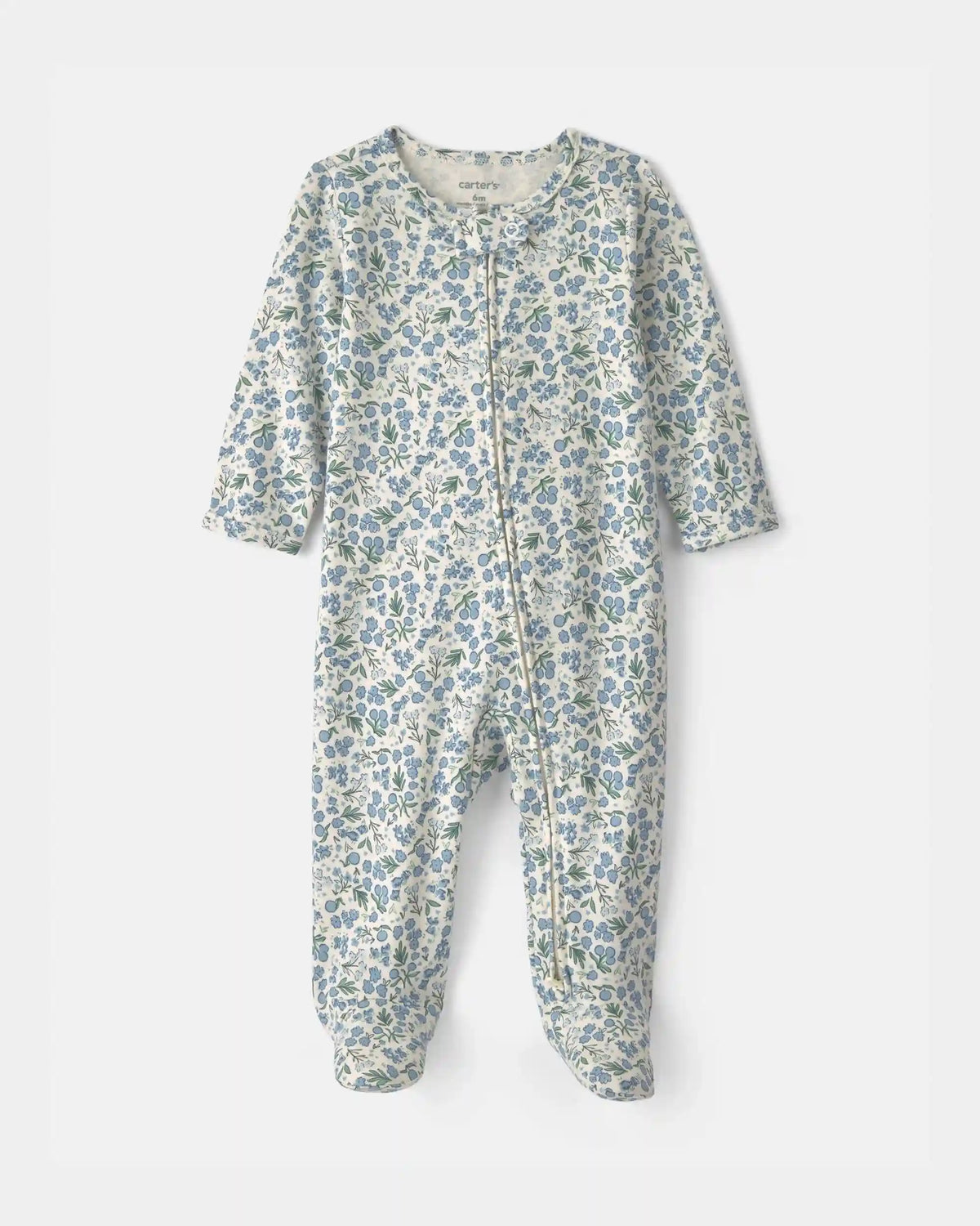 Baby Girl Floral 100% Cotton 2-Way Zip Sleep & Play Pajamas - Blue/Ivory