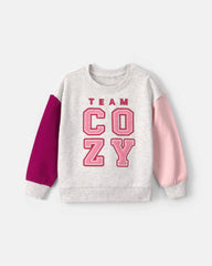 Toddler Girl 'Team Cozy' French Terry Pullover Sweatshirt - Grey/Pink/Purple