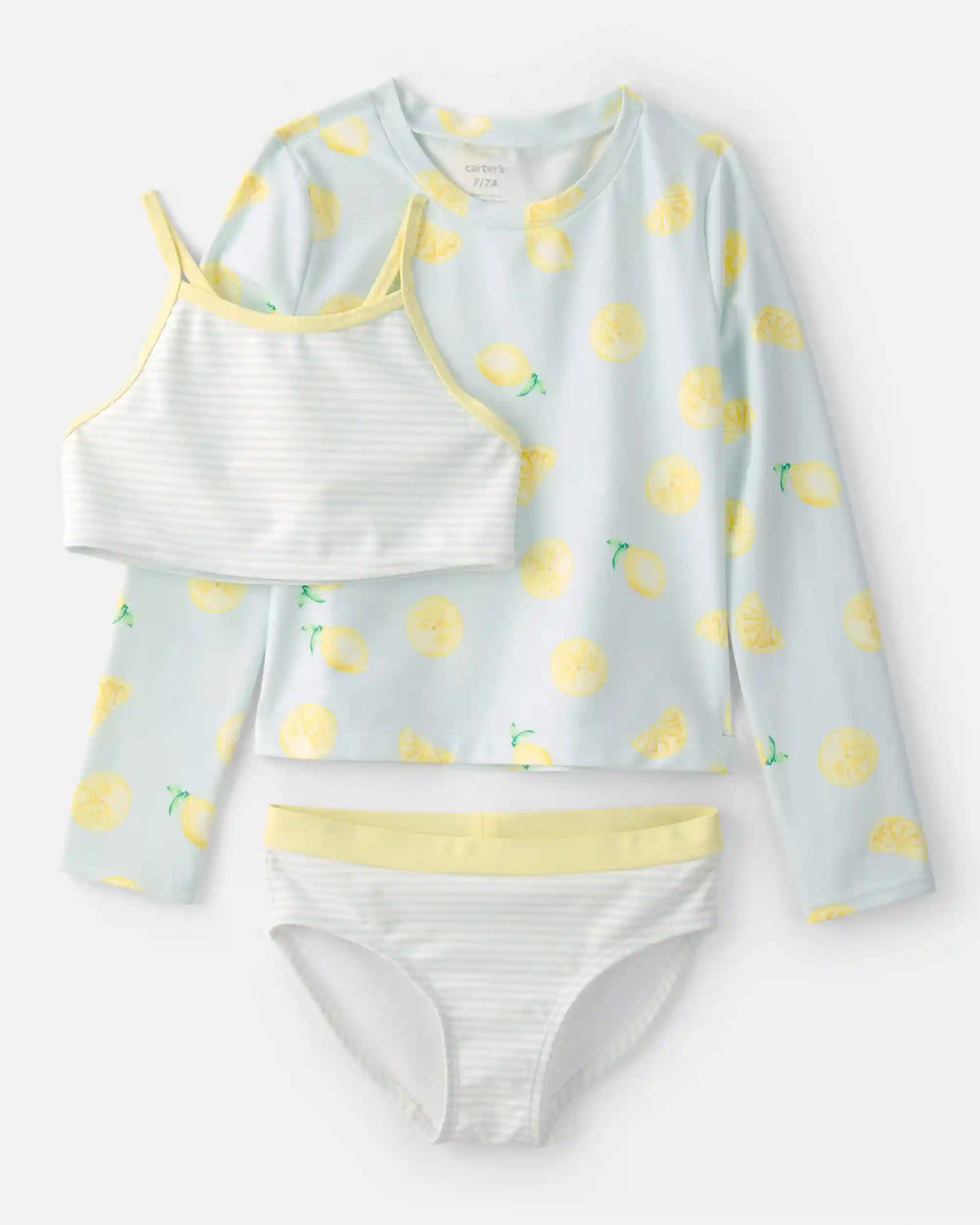 Girls 3-Piece Lemon Striped Rashguard Swimsuit Set - Blue