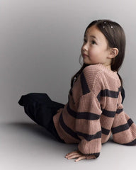Toddler Girl Striped Puff-Sleeve Cardigan with Bows - Mocha Brown/Black
