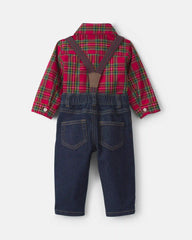Baby Boy 2-Piece Plaid Denim Long-Sleeve Bodysuit & Suspender Pant Set - Red/Indigo
