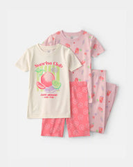 Girls 'Sunrise Club' Fruit 100% Cotton 4-Piece Pajama Set - Pink