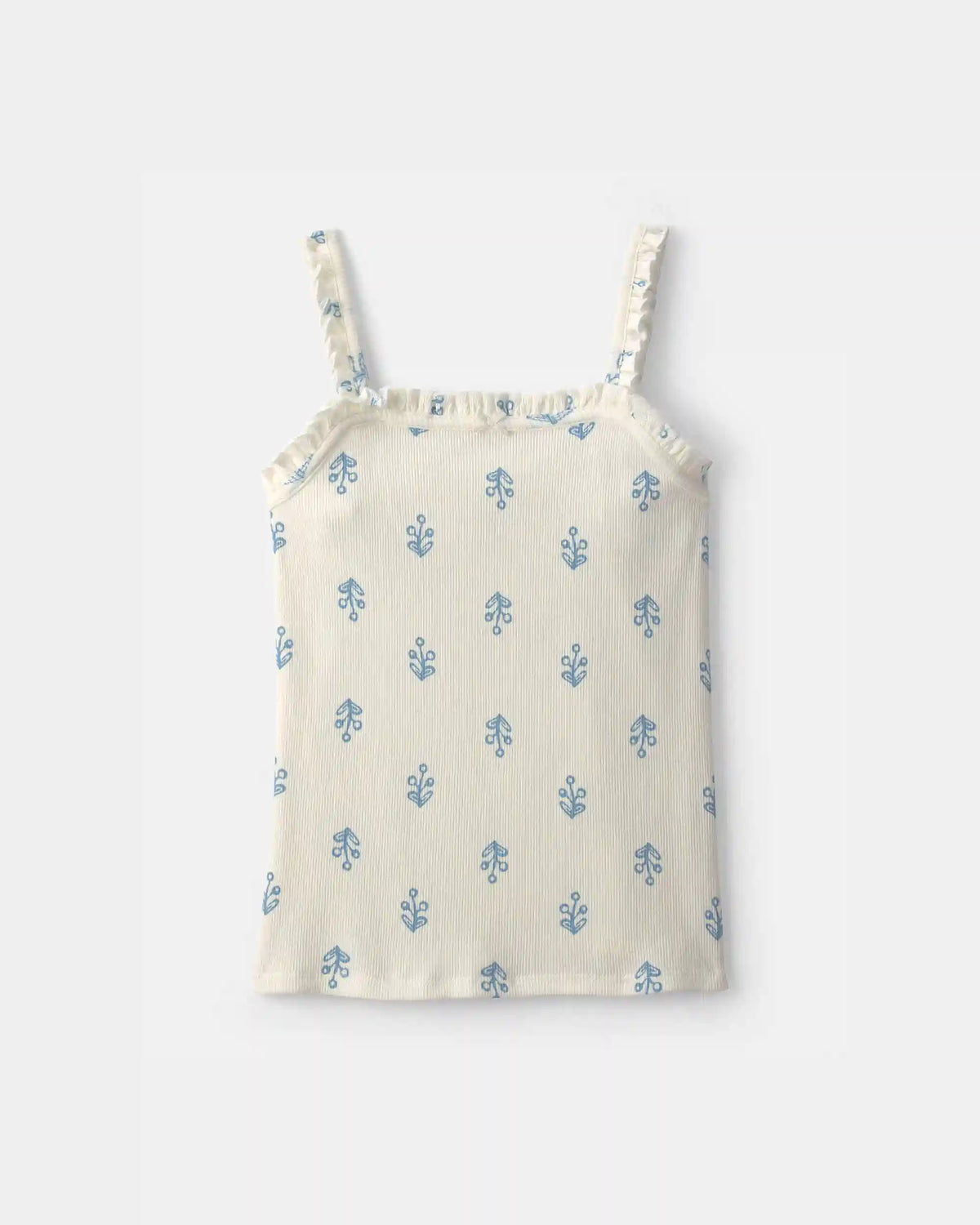 Girls Floral Ribbed Ruffle Tank - Ivory