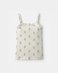 Girls Floral Ribbed Ruffle Tank - Ivory