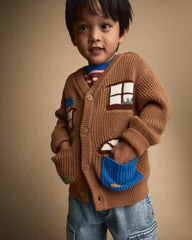 Toddler Cardigan with Avenue Pockets in House Print - Brown