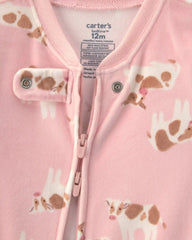 Baby Girl 1-Piece Cow 2-Way Zip DreamPlush Snug Fit Footed Pajama - Pink