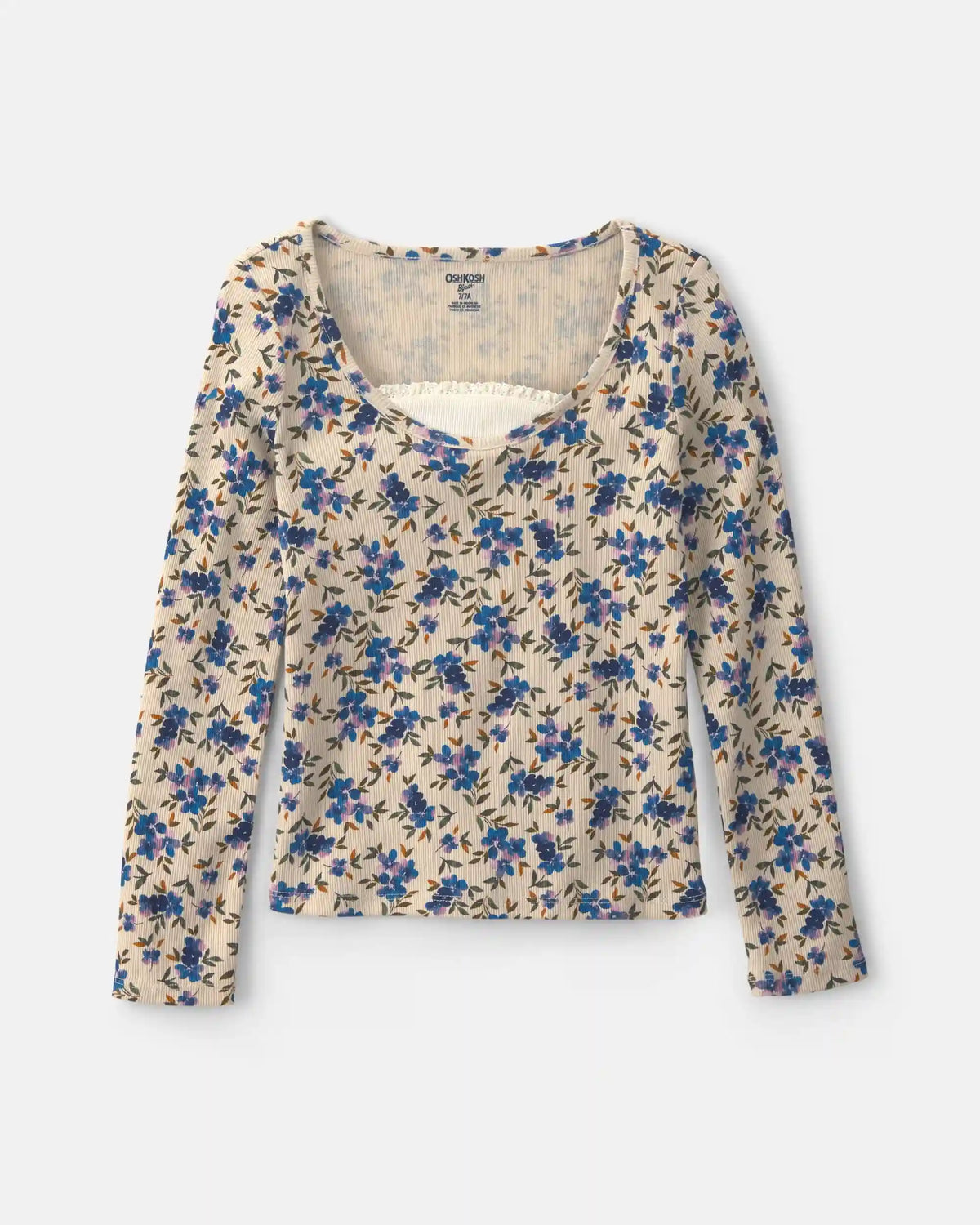 Girls Floral Long-Sleeve Top - Blue/Cream