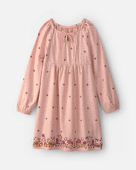 Girls Floral Twill Long-Sleeve Dress - Pink