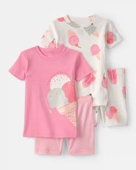 Toddler Girl Ice Cream 100% Cotton Short-Sleeve Snug Fit 4-Piece Pajama Set - Pink/Ivory