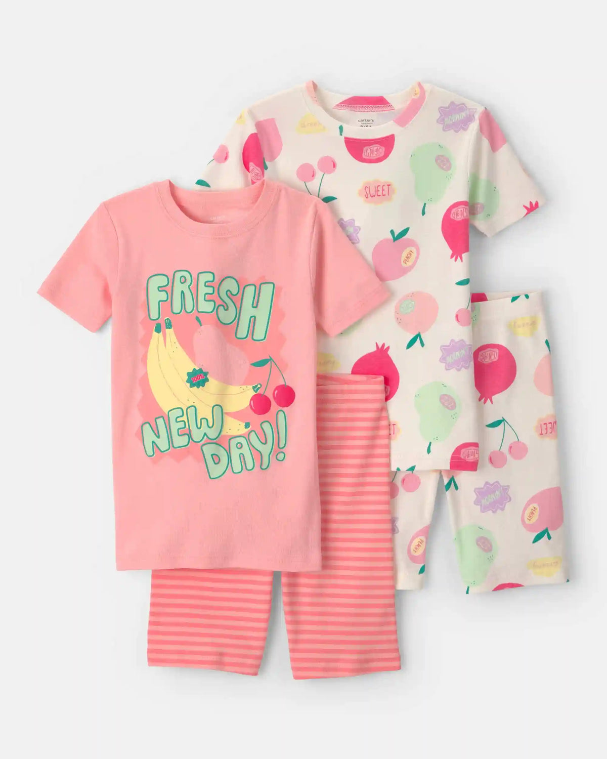Girls Fruit 100% Cotton Short-Sleeve Snug Fit 4-Piece Pajama Set - Pink