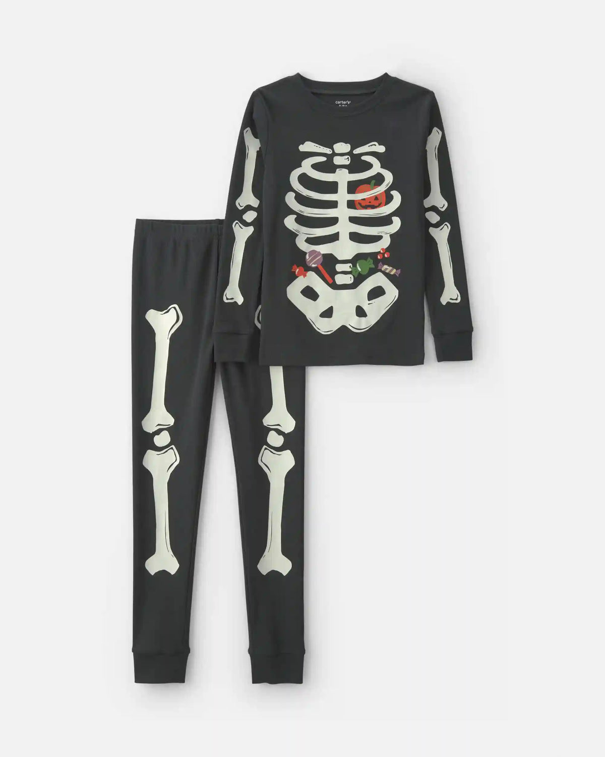 Kids 2-Piece Halloween Glow in the Dark Skeleton 100% Cotton Snug Fit Pajama Set - Black