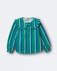 Toddler Girl Peter Pan Collar Top in Stripes - Green/Blue