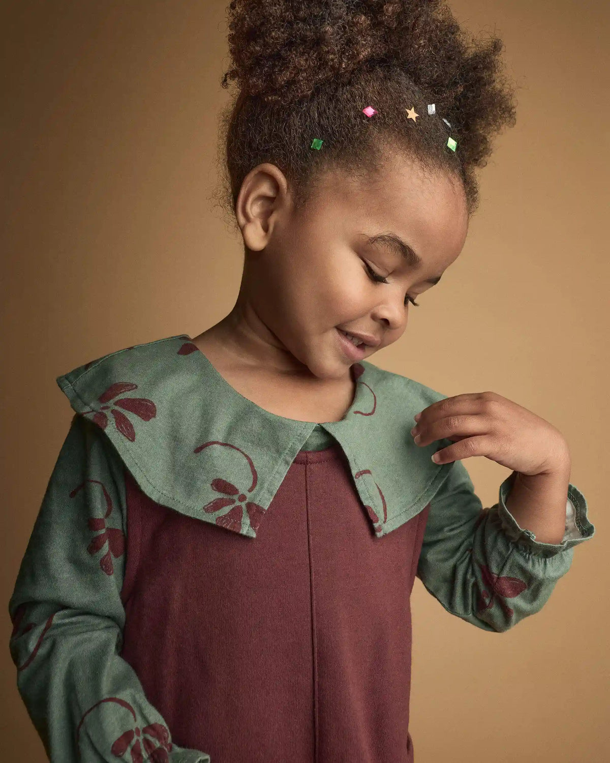 Toddler Girl Peter Pan Collar Top in Floral Print - Sage